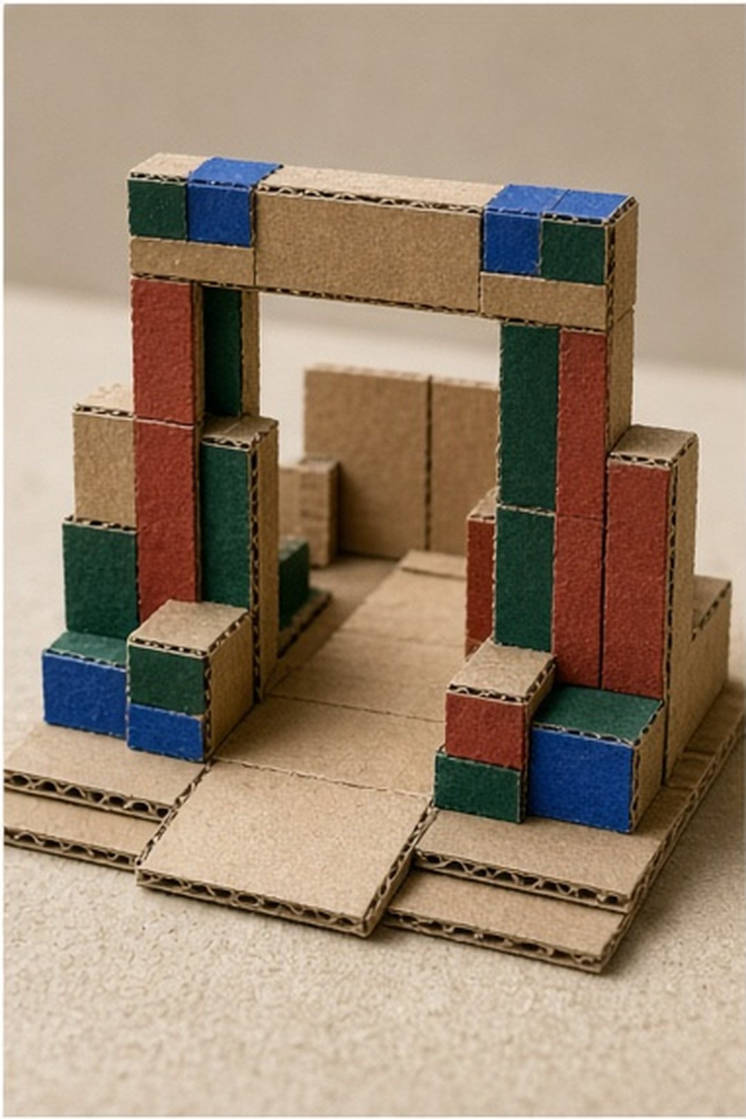 Hand-built cardboard neighborhood gate with several routes through miniature blocks