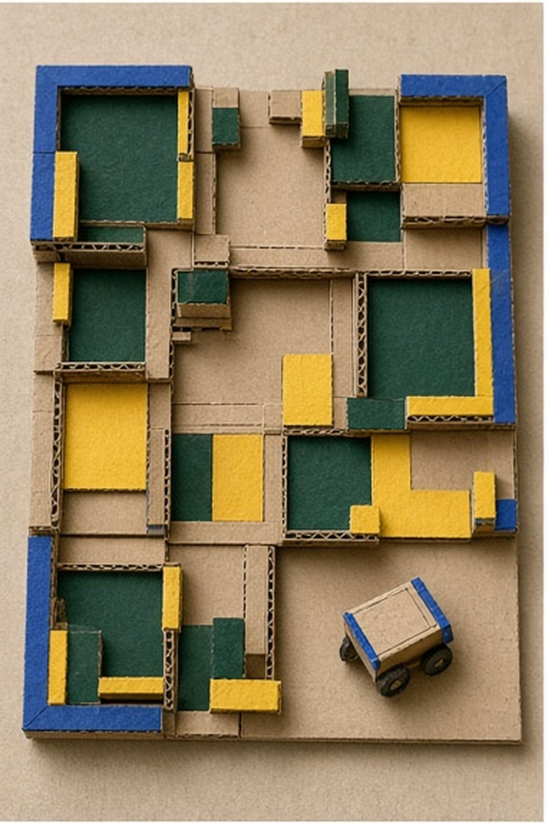 Overhead cardboard street atlas with several observation zones and a small paper cart