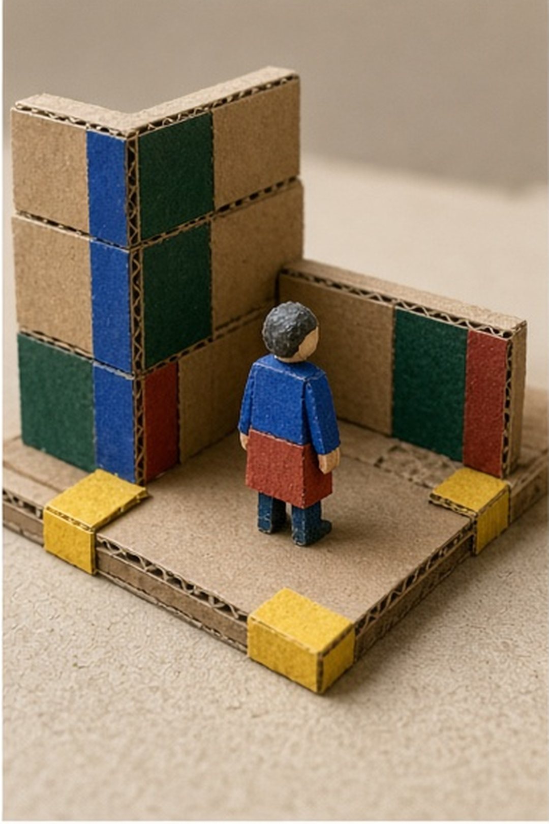 Paper figure pausing at a cardboard corner to study curb distance and sightlines