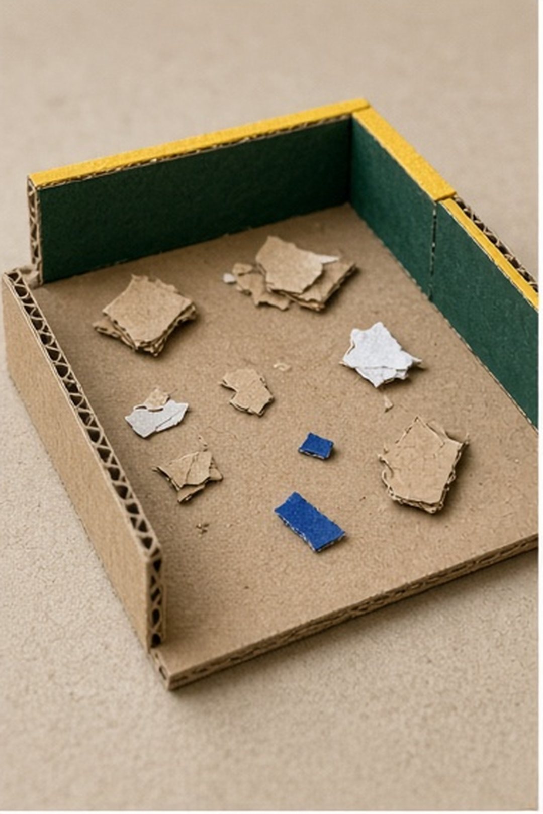 A few ordinary loose items resting in an open cardboard street scene