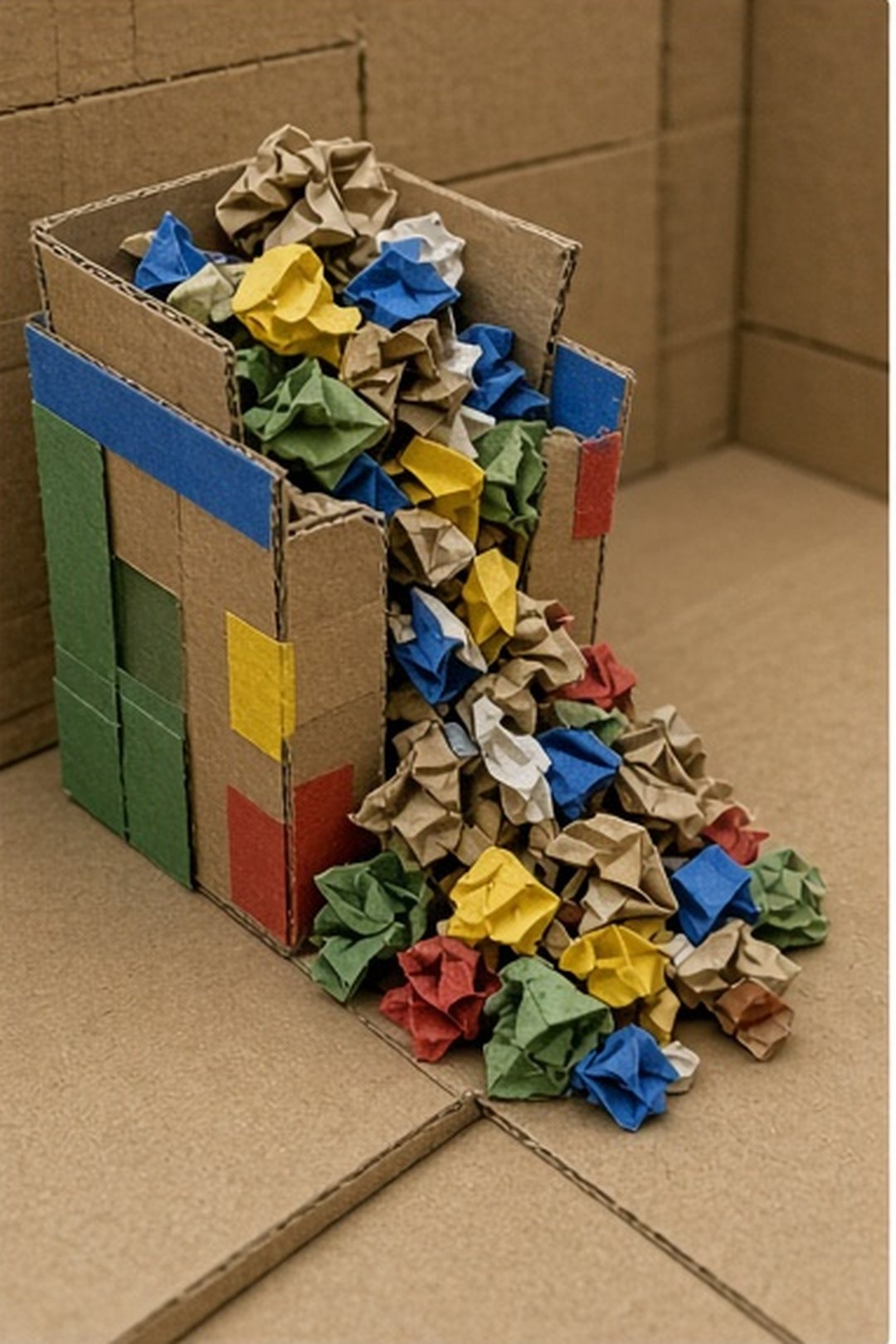 Overflowing miniature bin with a visible route to step back