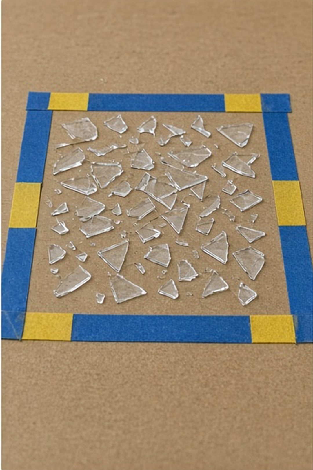 Broken glass isolated behind a bright cardboard boundary