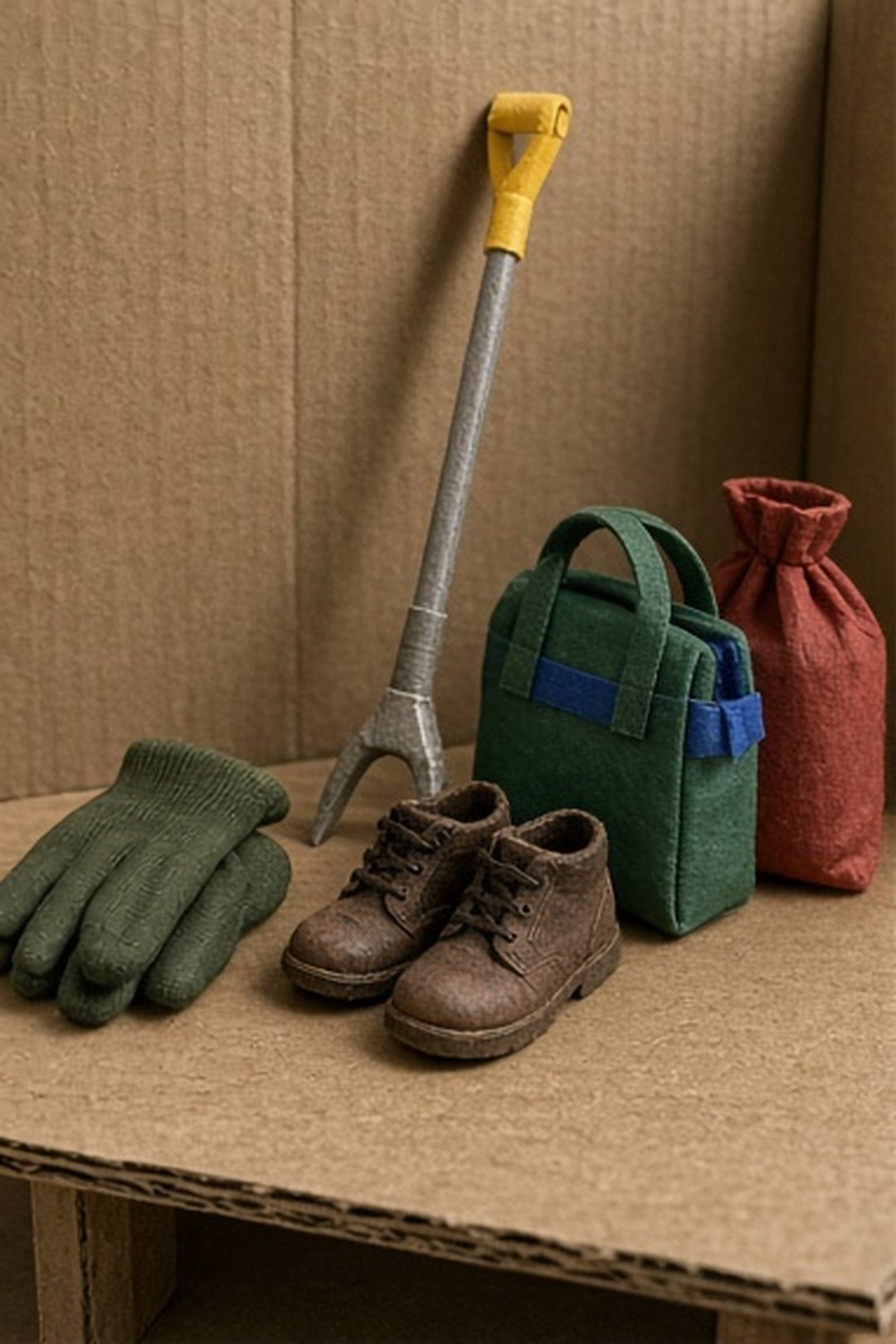 Miniature preparation table with gloves, shoes, grabber, and bags
