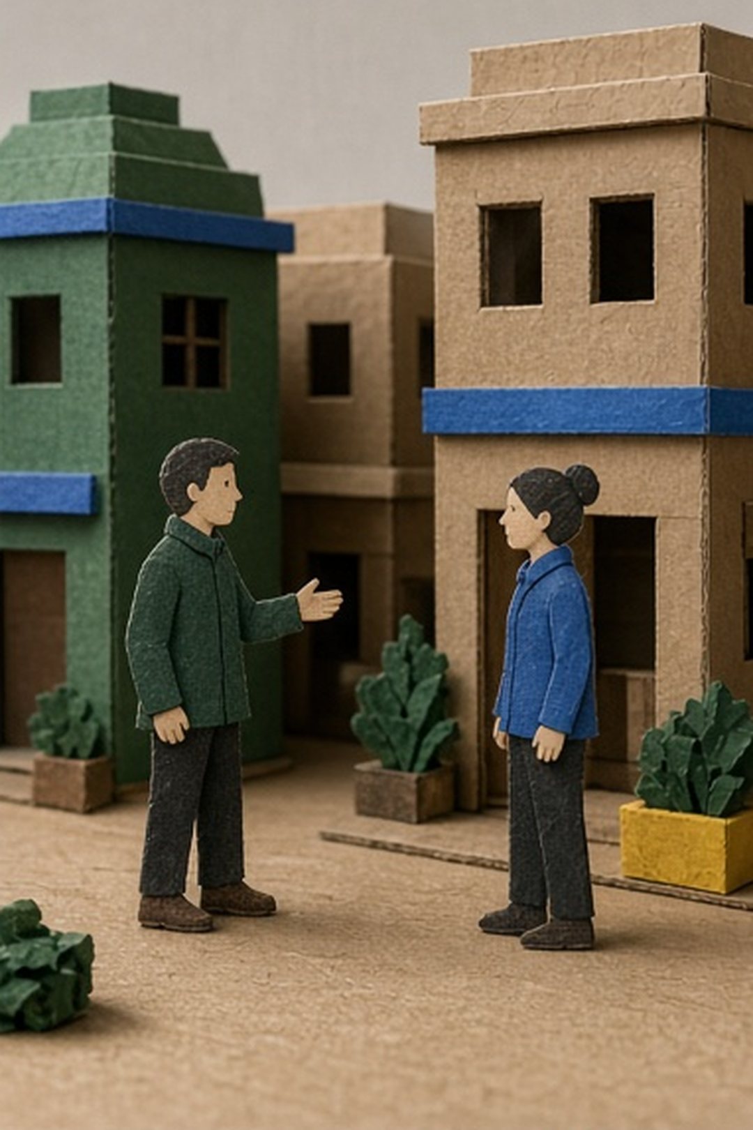 Two fictional paper neighbors coordinating visible buddy roles