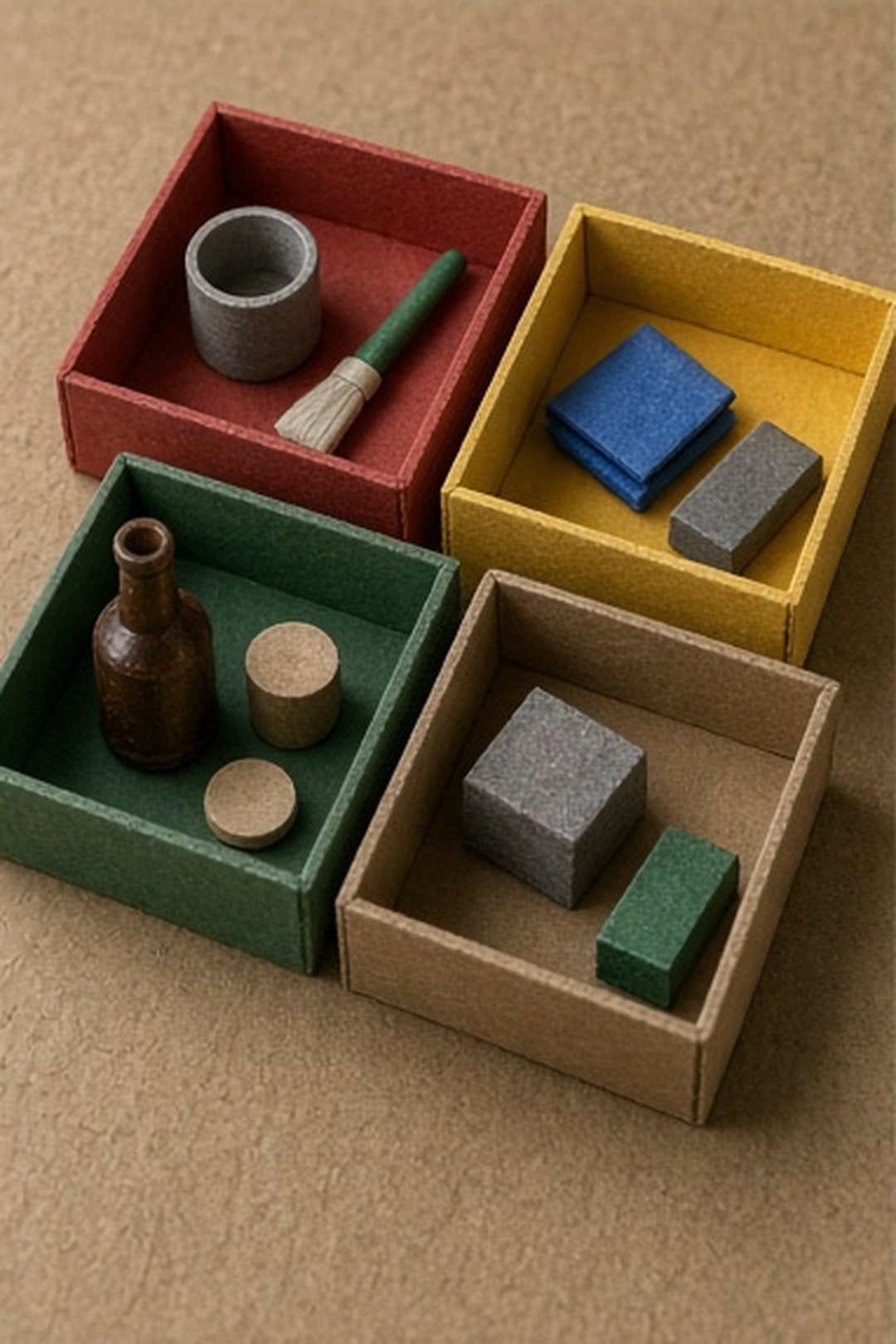 Cardboard sorting trays holding a few ordinary generic objects