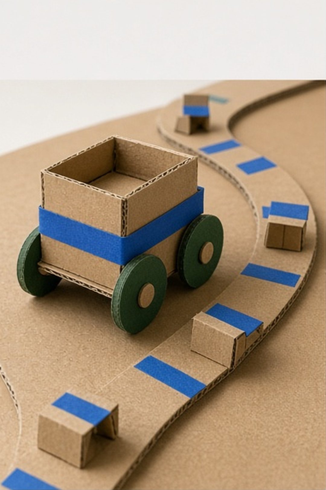 Bottle-cap paper cart moving among optional cardboard route stops