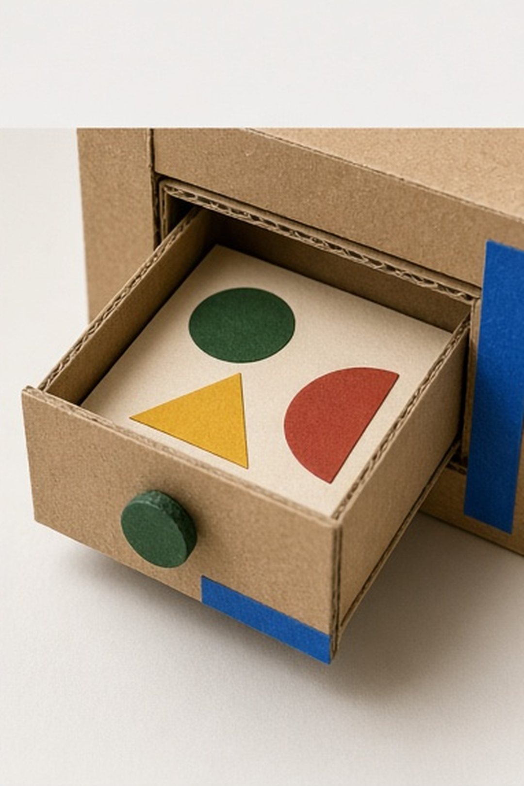 Small abstract action card resting in a private miniature drawer
