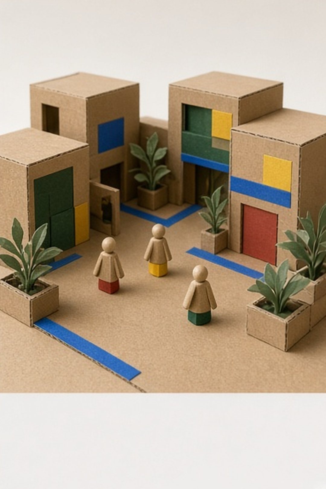 Warm cardboard neighborhood panorama with open shared space and respectful passersby