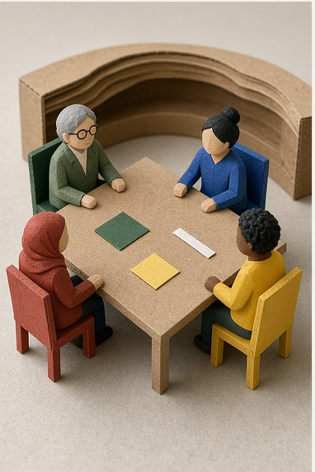 Fictional paper neighbors sharing a planning table with personal space