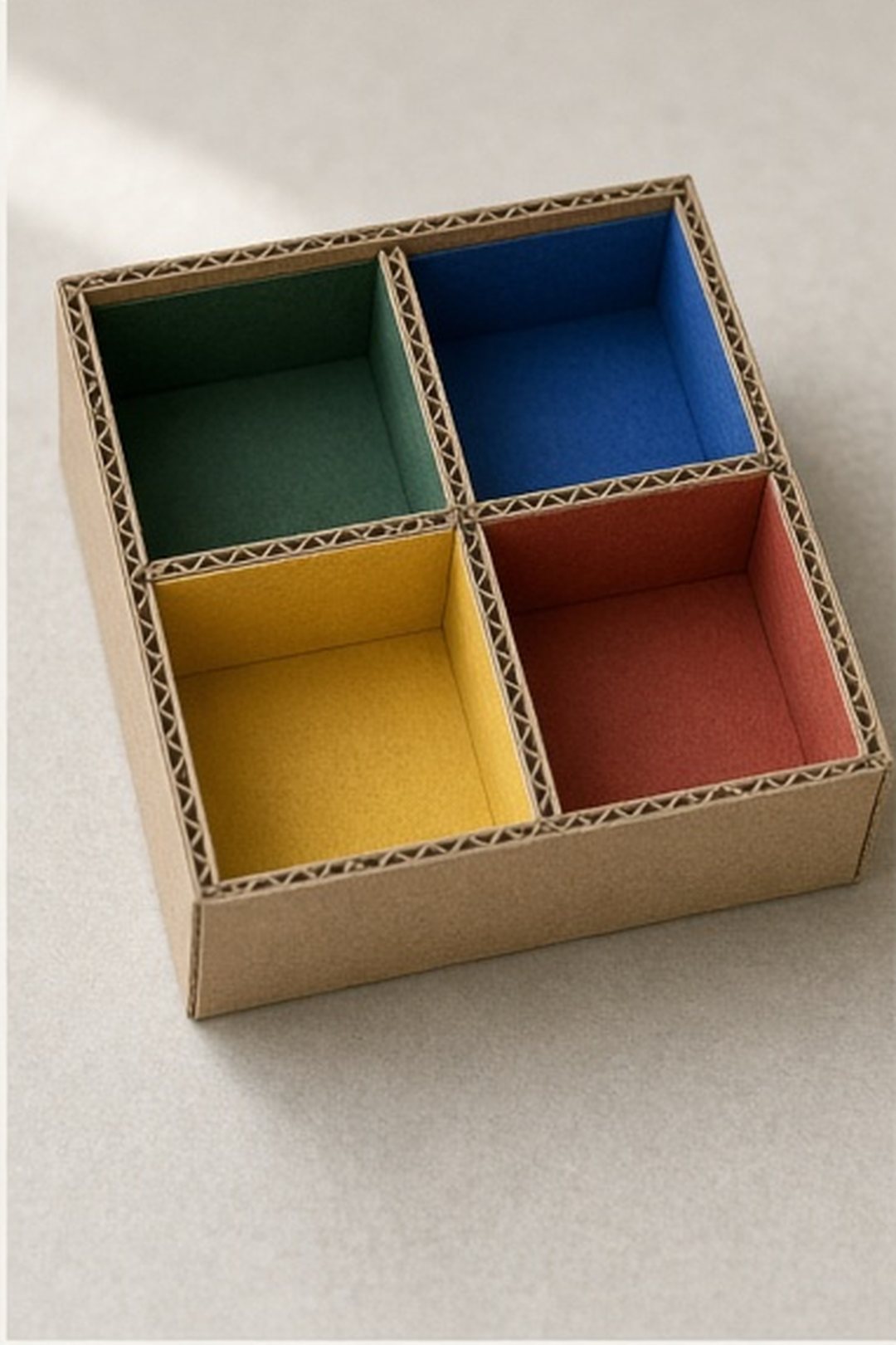 Four unlabeled object bays forming a cardboard decision tool