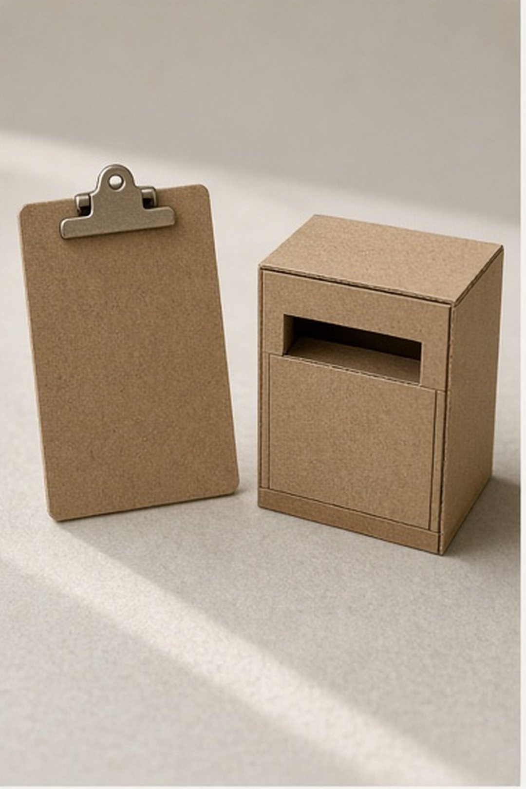 Empty cardboard clipboard beside a closed intake slot