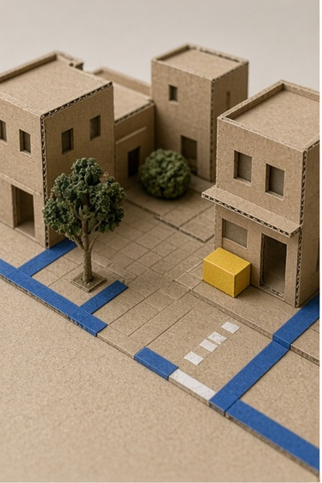 Quiet cardboard street without billboards or audience counters