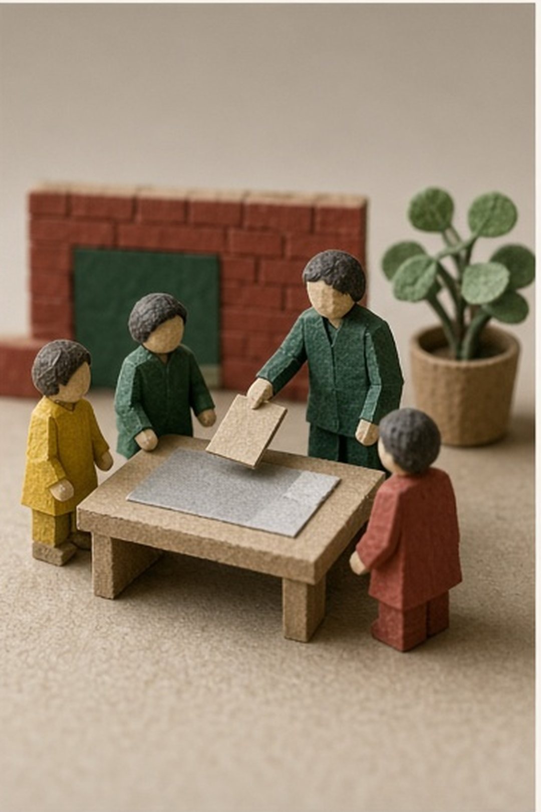 Family and adult partner reviewing an action card on a shared-device board